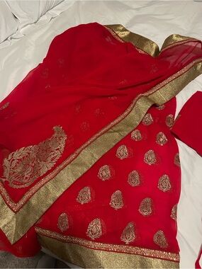 Red Saree with Gold Embroidered Border
